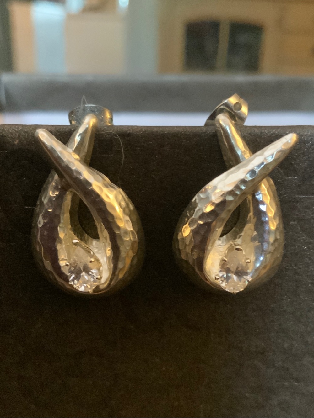 Sterling Silver Hammered Teardrop Earrings with Clear Crystal
